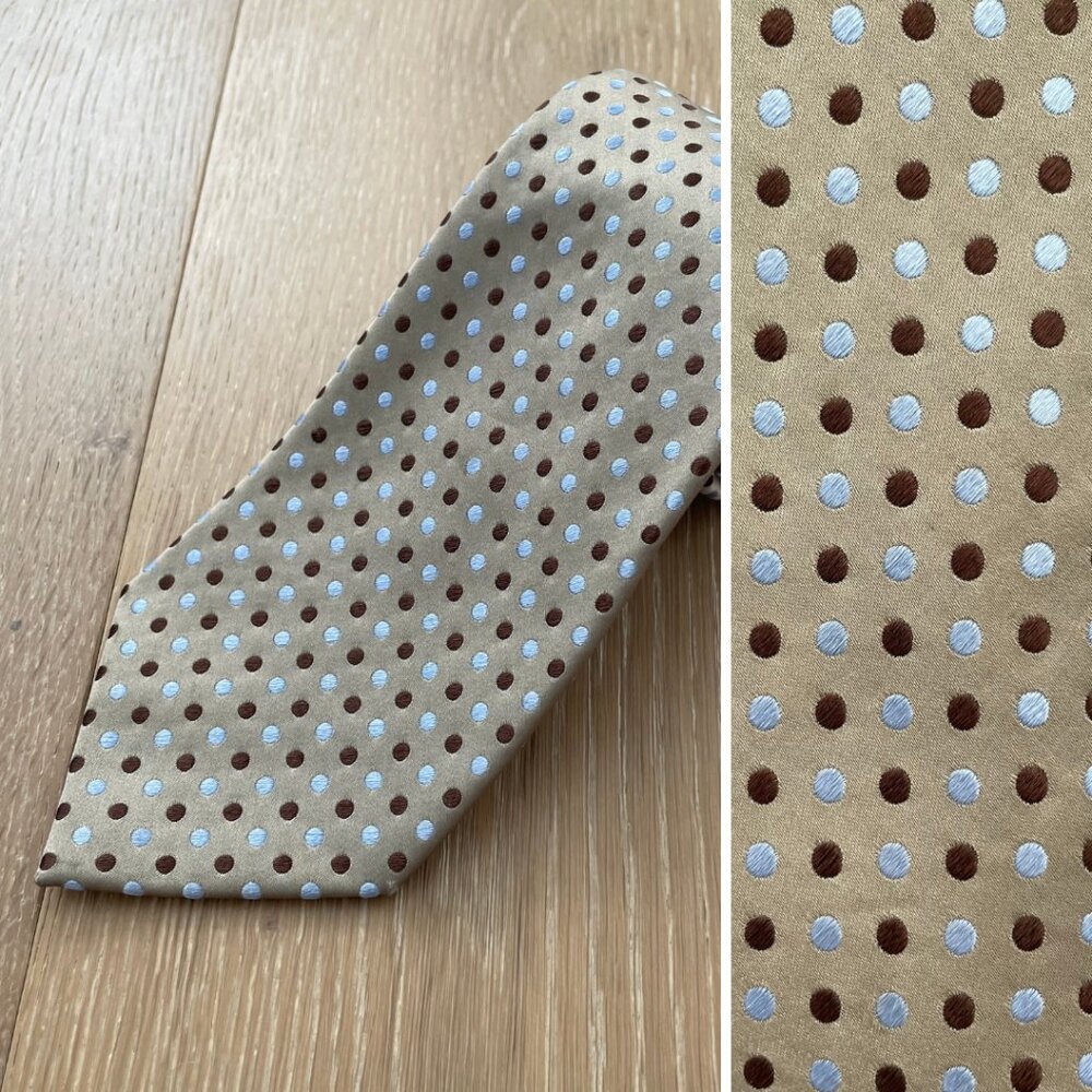 Geoffrey Beene Tie Men Necktie Wide 100% Silk Tan Blue Brown Geometric Print Dot